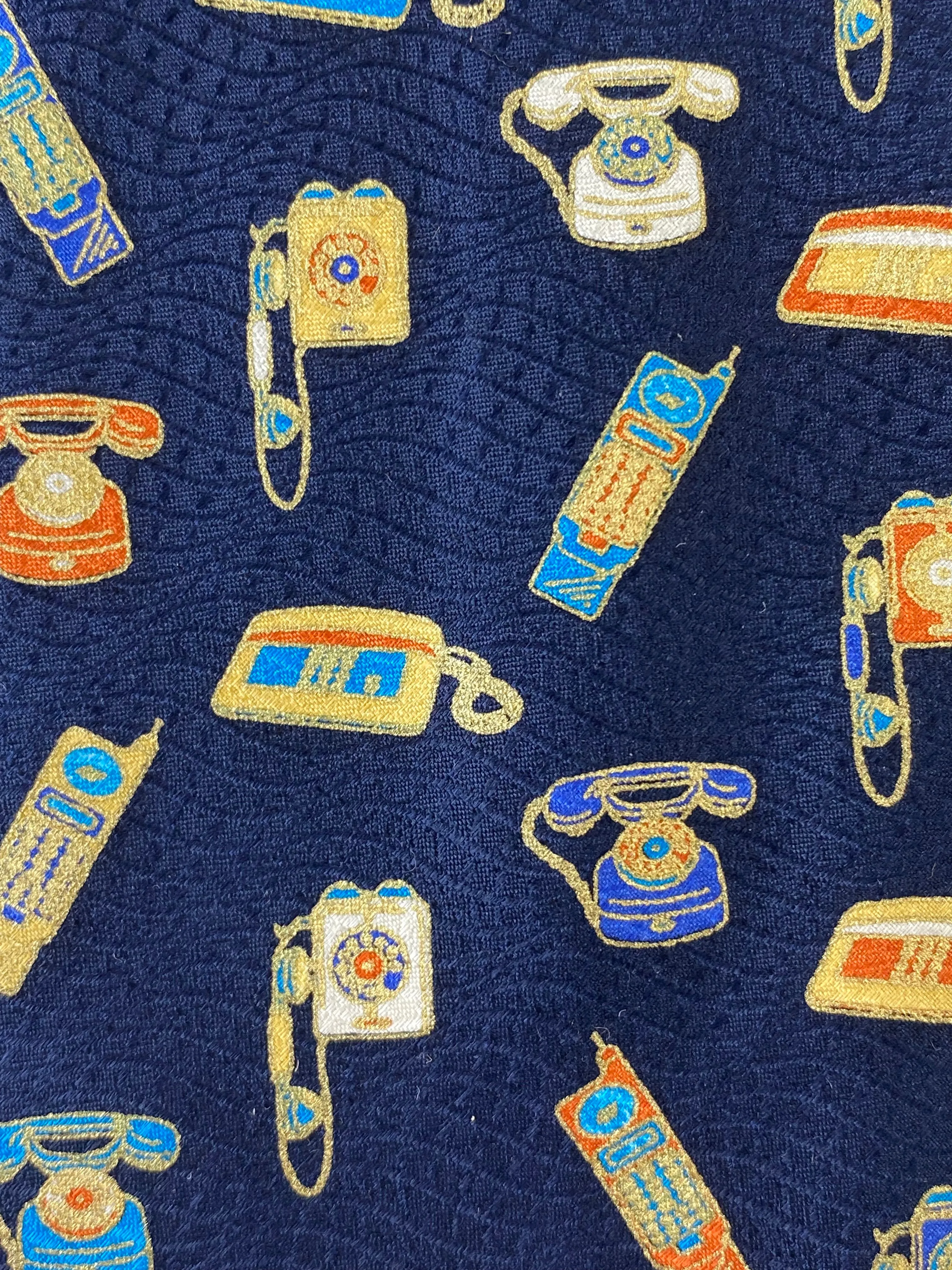 90s Deadstock Silk Necktie, Men's Vintage Navy Metallic Novelty Telephone Print Tie, NOS