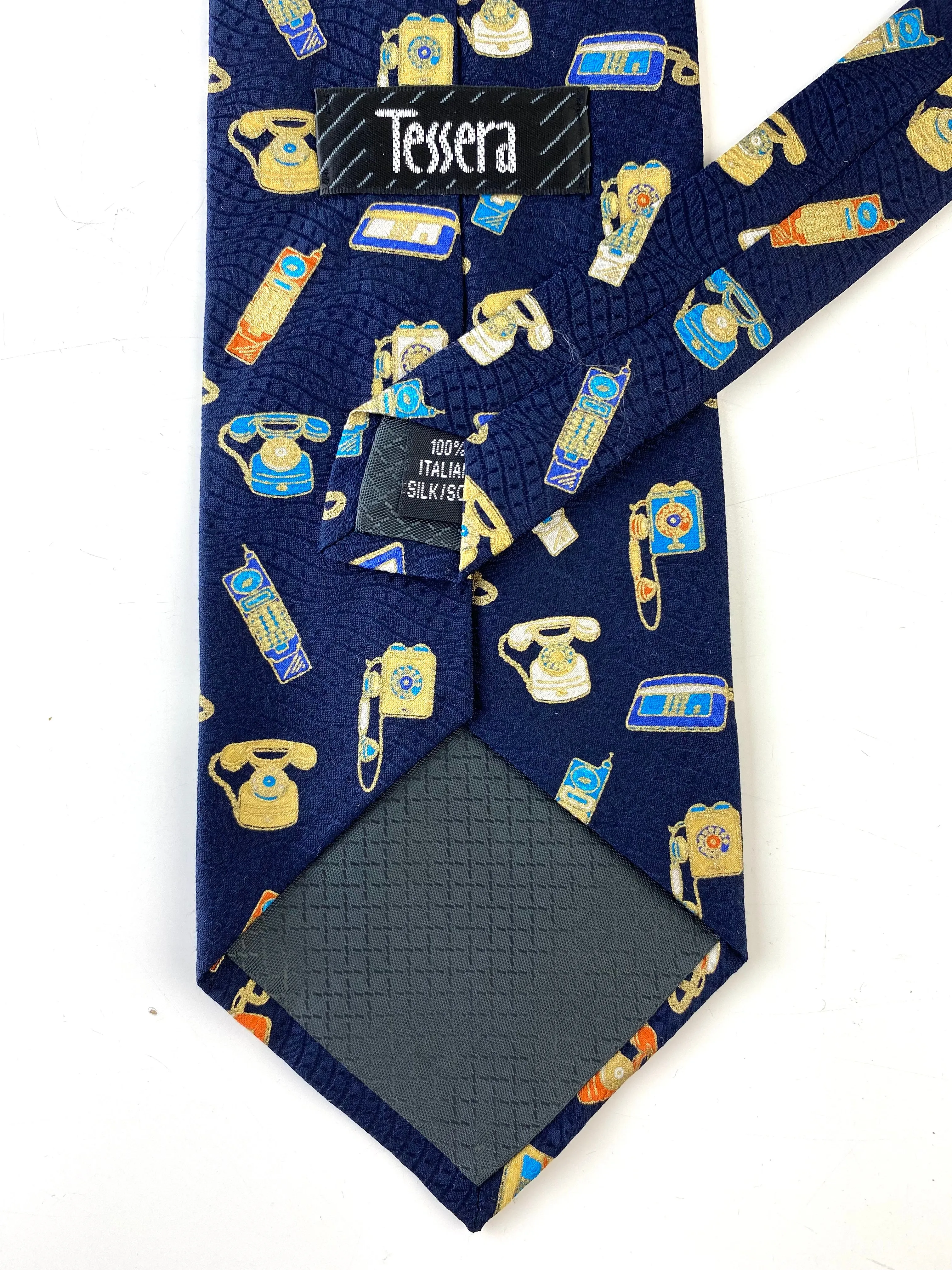 90s Deadstock Silk Necktie, Men's Vintage Navy Metallic Novelty Telephone Print Tie, NOS