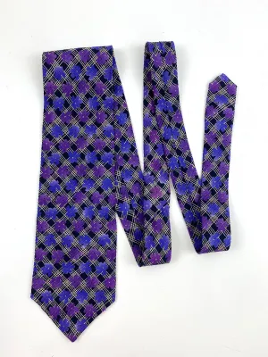 90s Deadstock Silk Necktie, Men's Vintage Purple Floral Plaid-Check Pattern Tie, NOS