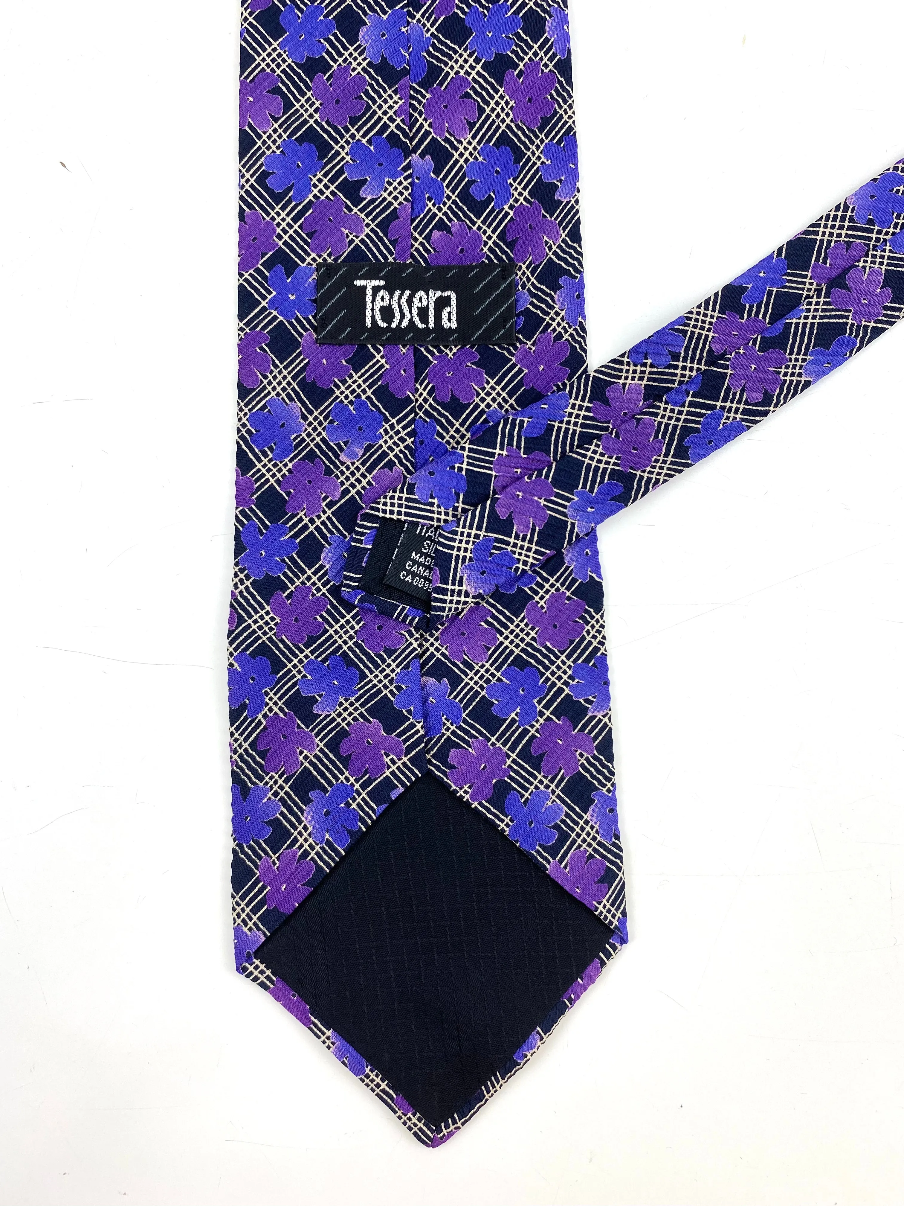 90s Deadstock Silk Necktie, Men's Vintage Purple Floral Plaid-Check Pattern Tie, NOS