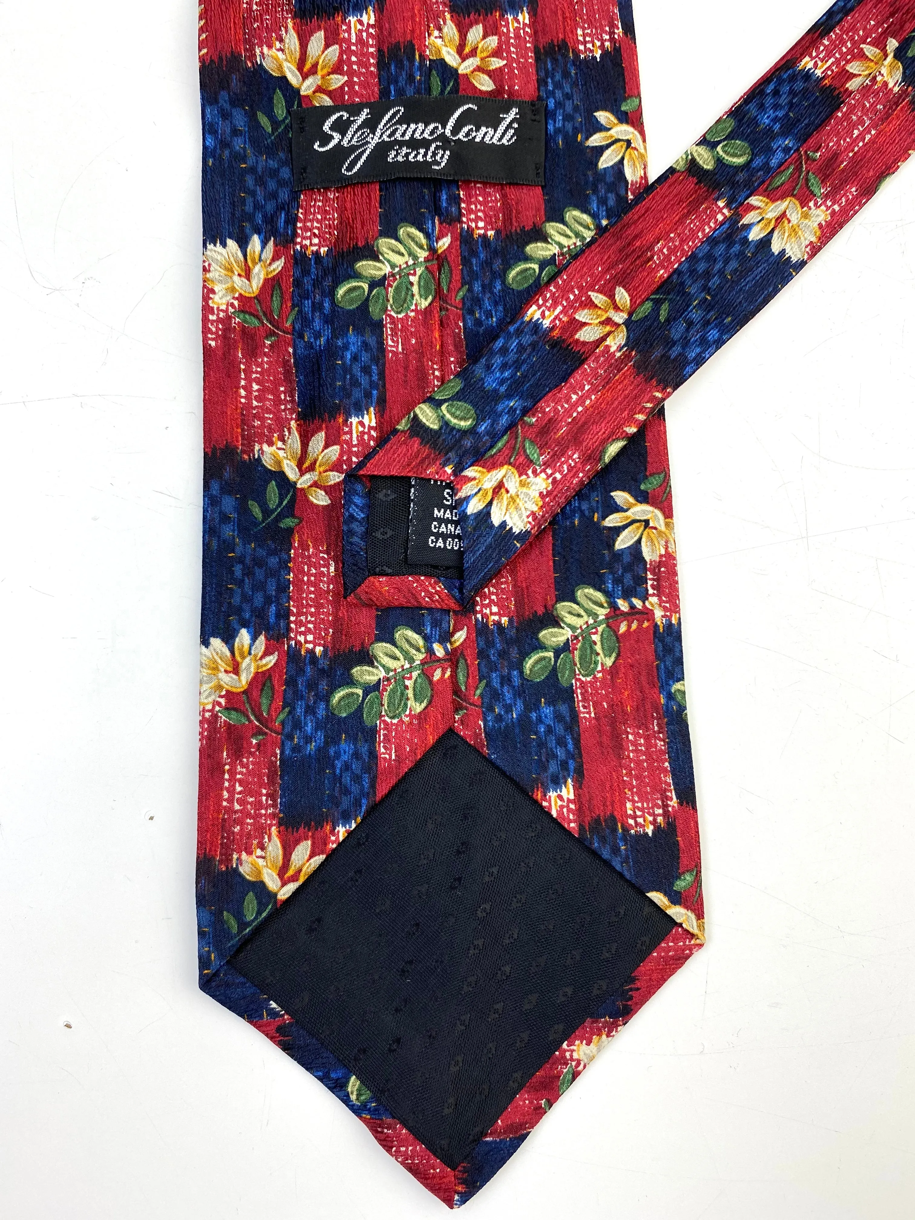 90s Deadstock Silk Necktie, Men's Vintage Wine/ Blue Botanical Pattern Tie, NOS