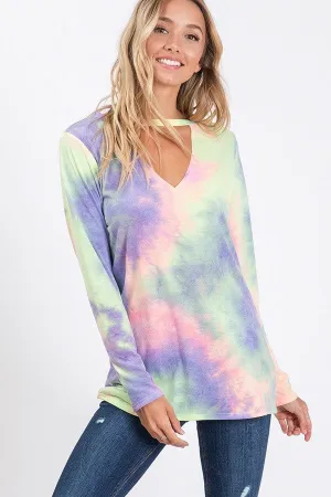 Choker neck tie-dye print casual top - Purple Multi