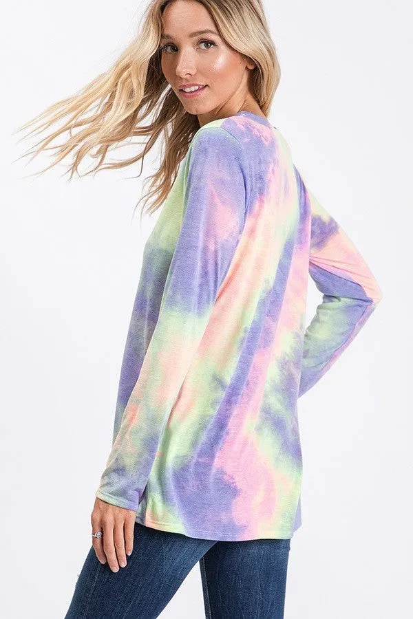 Choker neck tie-dye print casual top - Purple Multi