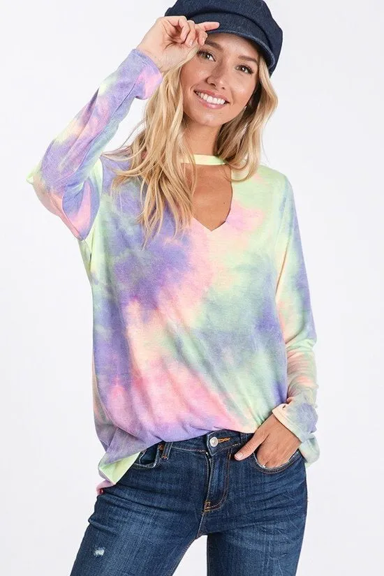 Choker neck tie-dye print casual top - Purple Multi