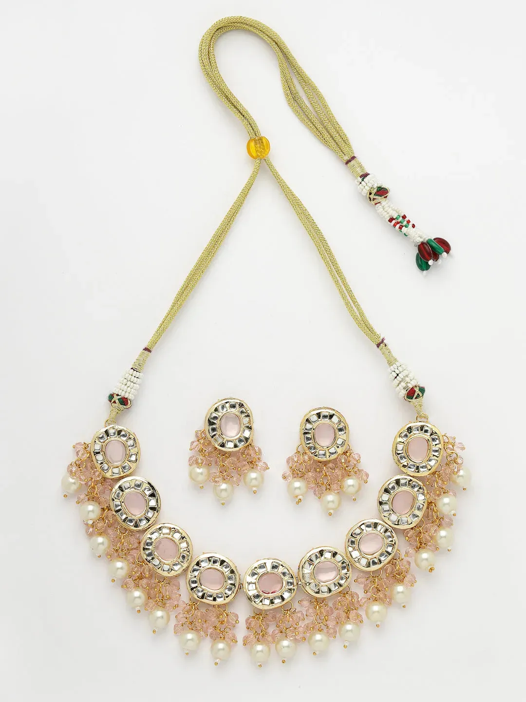 Gold-Plated Kundan-Studded & Beaded Jewellery Set Necklace and Earrings