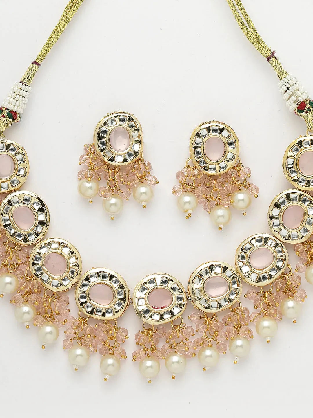 Gold-Plated Kundan-Studded & Beaded Jewellery Set Necklace and Earrings