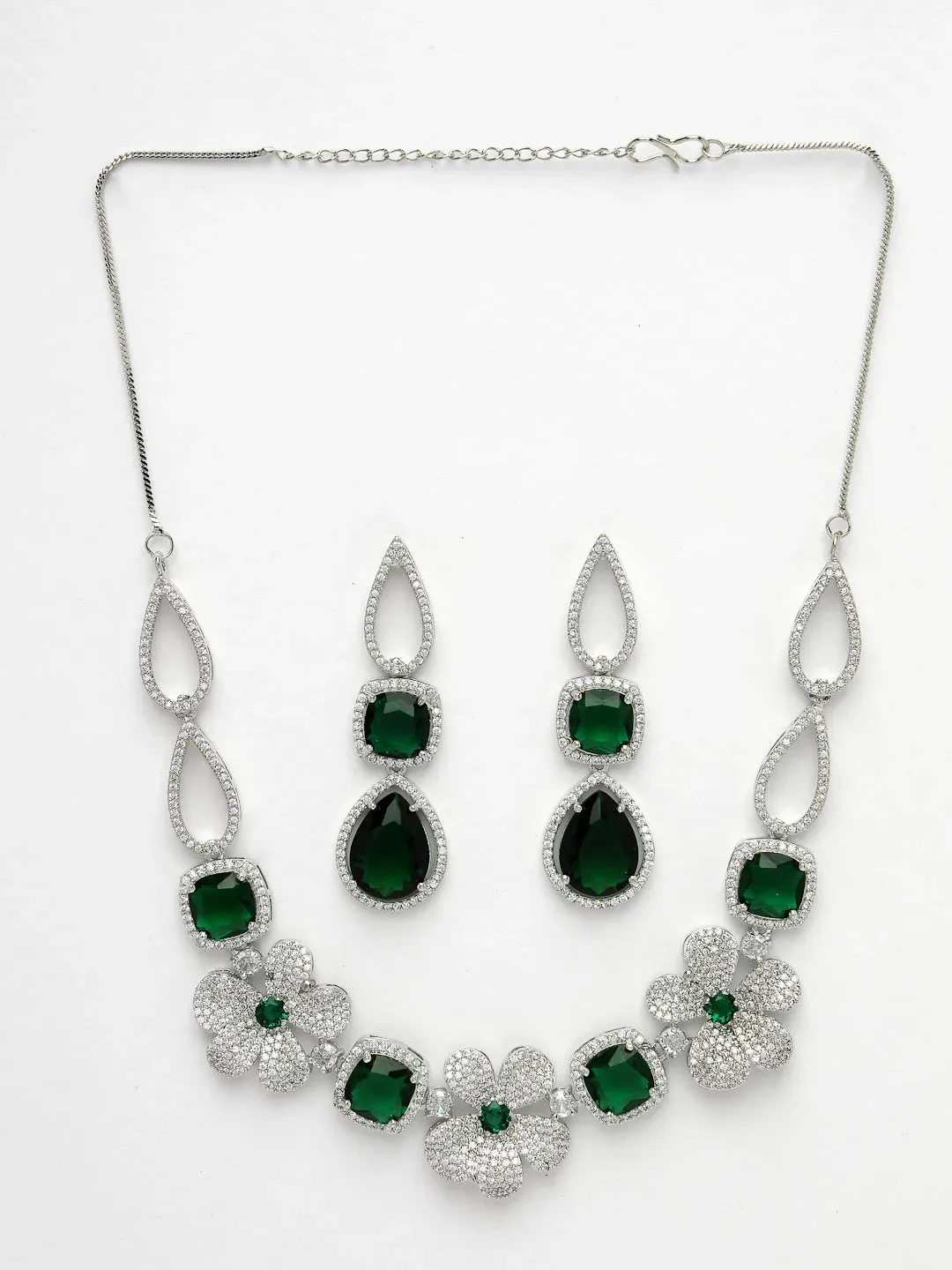 Green & Silver-Plated American Diamond Handcrafted Jewellery Set