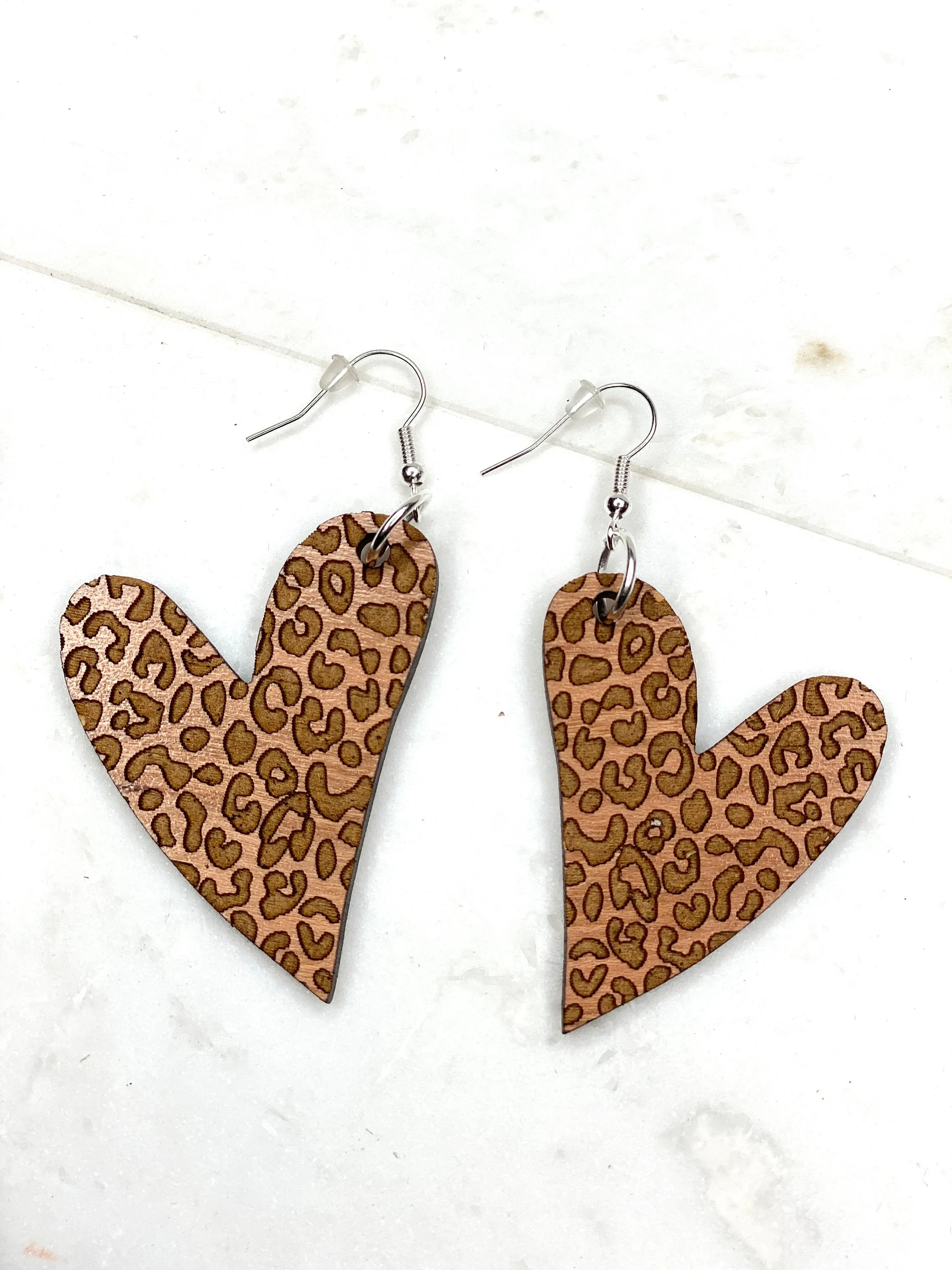 Leopard Heart Earring, Dangle Heart Wood Earrings, Big Earrings, Animal Print, Cheetah Earrings