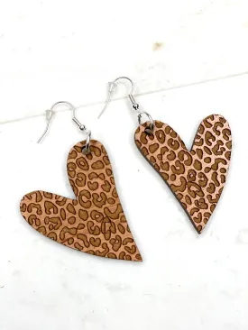 Leopard Heart Earring, Dangle Heart Wood Earrings, Big Earrings, Animal Print, Cheetah Earrings