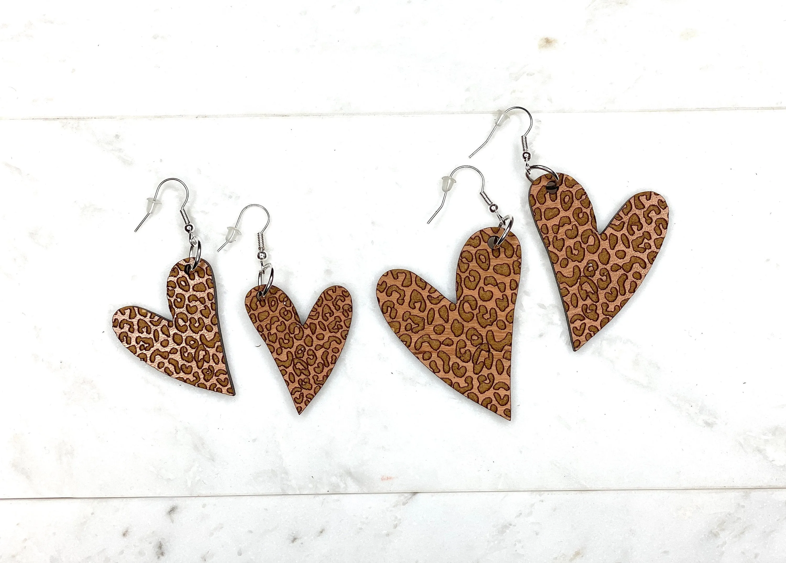 Leopard Heart Earring, Dangle Heart Wood Earrings, Big Earrings, Animal Print, Cheetah Earrings